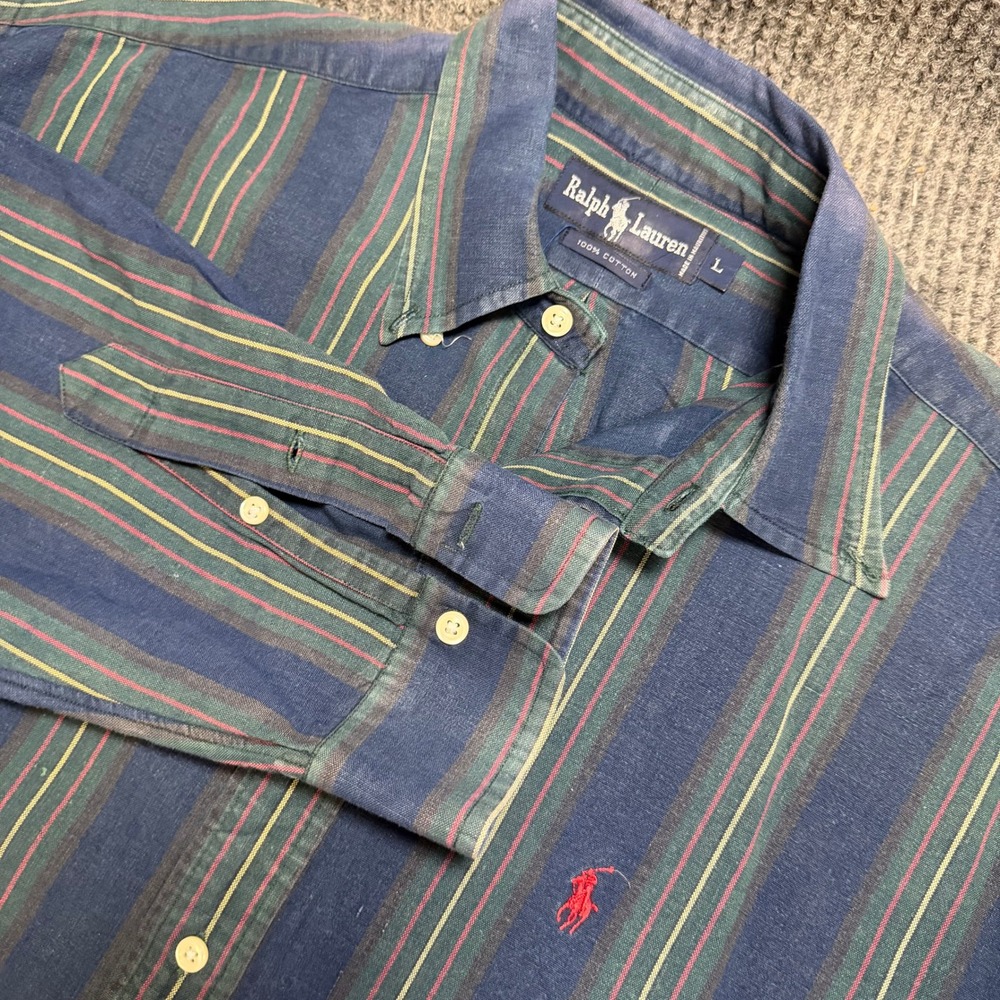 Vintage 90s Ralph Lauren Multi Stripe Oxford Button Down L Made in Mauritius